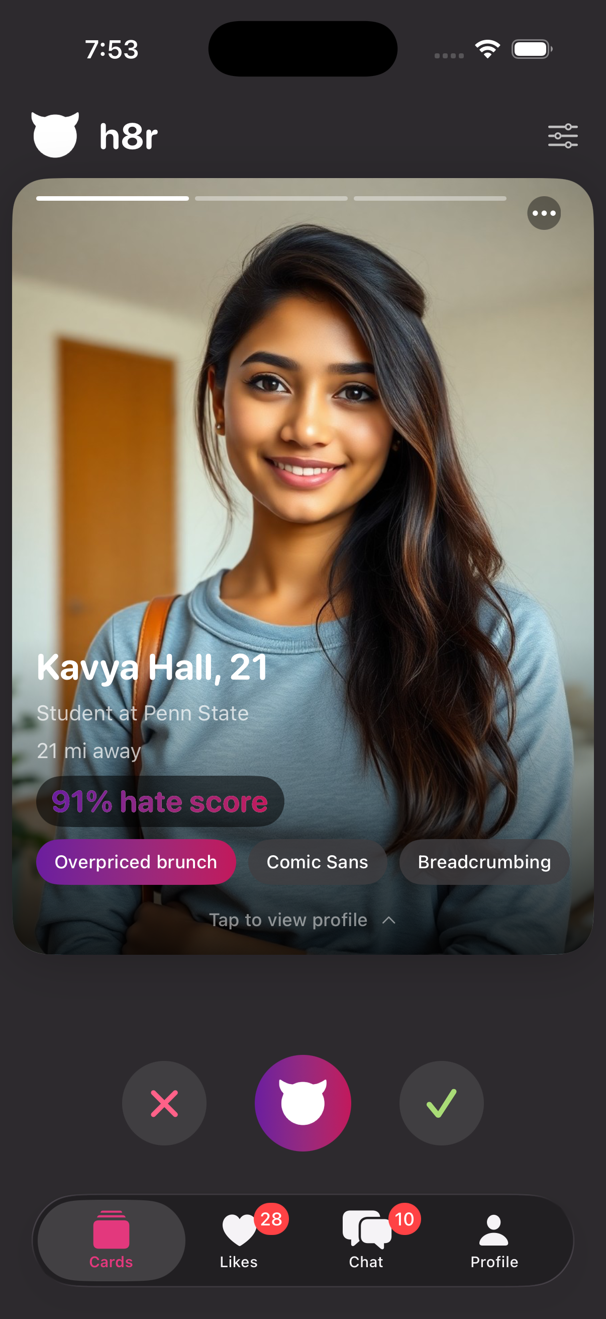 h8r profile card — swipe on what you hate